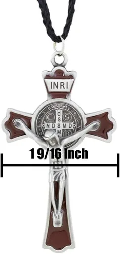 Vista 3 de Autom San Benito Crucifix medalla de plata colgante de cruz en cordón negro de 30 pulgadas