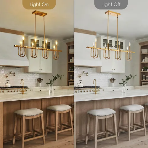 Vista 5 de Lámparas de comedor rectangulares sobre la mesa, candelabros lineales para comedor, candelabro moderno de 8 luces en oro cepillado, luces de isla