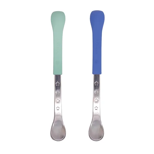 Vista 6 de Nuby Cucharas de alimentación seguras y calientes 2 en 1 (paquete de 8) cucharas para bebés de 6 meses en adelante, color azul y aguamarina