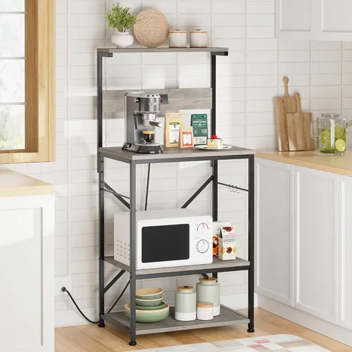 Vista 2 de JAMFLY Estante para hornear de cocina con toma de corriente, soporte para microondas con 6 ganchos en forma de S, barra de café de 4 niveles