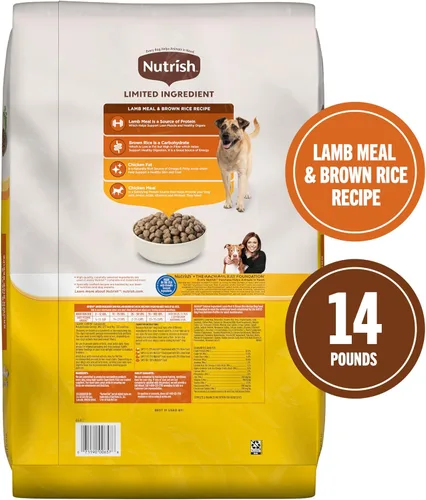 Vista 3 de Nutrish - Comida seca para perros con ingredientes limitados, receta de carne de cordero y arroz integral, bolsa de 14 lb, el embalaje puede variar