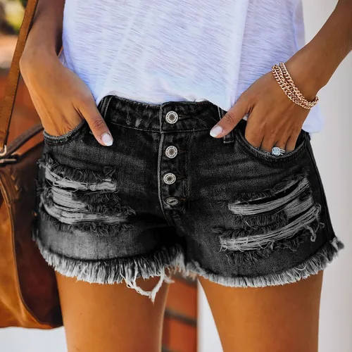 Vista 2 de Pantalones cortos de mezclilla para mujer, pantalones cortos de mezclilla para mujer, desgastados, con agujeros rasgados, dobladillo deshilachado