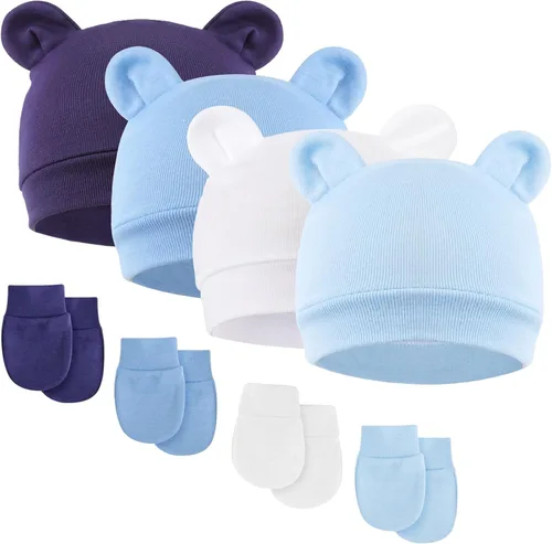 Vista 24 de DRESHOW Gorro de recién nacido con orejas de oso y manoplas, conjuntos de gorro de algodón para prematuros, gorro de bebé para niño y niña, gorro