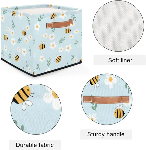 Vista 3 de Cesta de almacenamiento plegable de tela con diseño de margaritas de abejas de dibujos animados, 13 x 13 x 13 pulgadas, cubos cuadrados con asas
