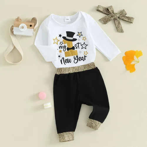 Vista 2 de Frietlebird New Years Baby Boy Girl Outfit Long Sleeve Letter Romper Pants with Headband New Years Eve Clothes Sets 3Pcs