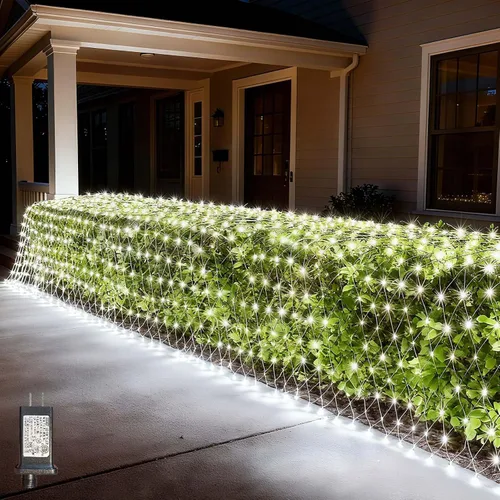Vista 13 de LitHome Luces de red de Navidad de 14.8 x 5 pies, 300 luces LED de red blanca cálida, 8 modos de conexión, malla gigante impermeable de Navidad
