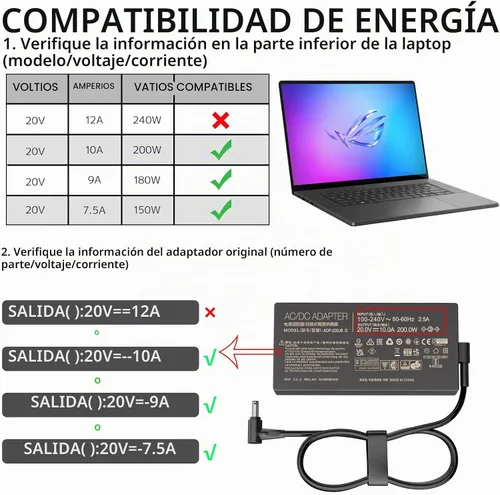 Vista 4 de Cargador de portátil para juegos de 200 W para ASUS ROG TUF Zephyrus Carga rápida Potencia estable Control de temperatura inteligente 20 V 10
