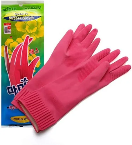 Vista 7 de Guantes de goma de cocina de calidad Mamison (1 par, pequeño). Guantes de goma de látex natural reutilizables y antideslizantes para cocina