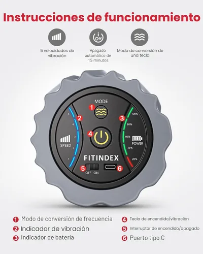 Vista 7 de FITINDEX - Rodillo de espuma vibratoria para ejercicio, 5 velocidades de vibración, recargable Yoga Roller, Electric Roller for Deep Tissue Gris