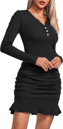 Vista 3 de Umenlele Minivestido corto casual con cuello en V para mujer, manga larga, acanalado, fruncido, dobladillo con volantes