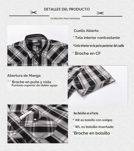 Vista 4 de Camisa casual para hombre estilo western con botones, de manga corta, dos bolsillos BLKWHT.