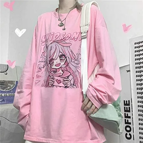 Vista 3 de Kawaii Camiseta de gran tamaño lindo rosa Anime camisa japonesa Harajuku Tee de manga larga conejo gato adolescente chica más