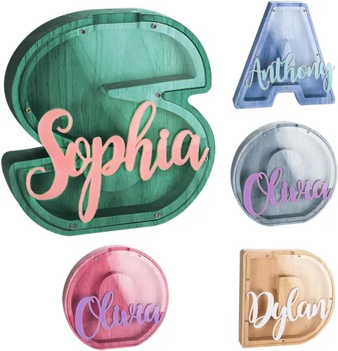 Vista 9 de callie Hucha personalizada con múltiples fuentes con texto multicolor grabado, caja de dinero personalizada de madera con inicial para niños