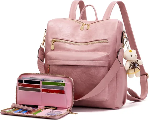 Vista 9 de Soperwillton Bolso de mochila para mujer. Bolsos de mano con diseño multiusos. Bolsa de hombro de cuero sintético. Bolsa de viaje. Juego de 2