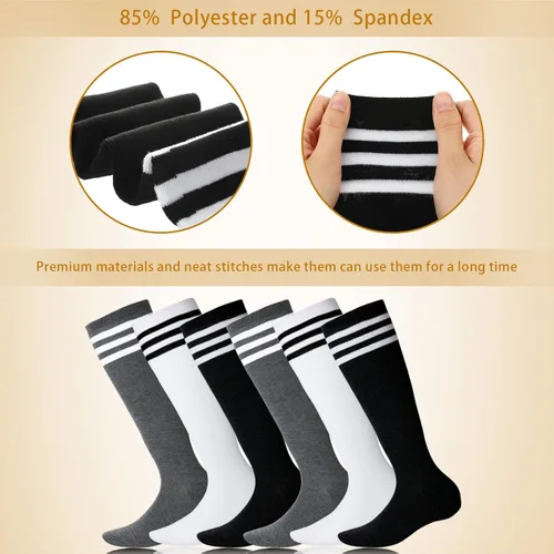 Vista 5 de SATINIOR 6 pares de calcetines de fútbol hasta la rodilla para jóvenes, tubo a rayas, calcetines largos de fútbol para niños, niñas, mujeres