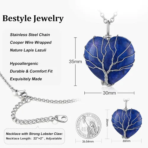 Vista 7 de Bestyle Collar de cristal curativo envuelto en árbol de la vida, colgante de piedra natal de 12 meses para parrillas de mujer, joyería de piedras