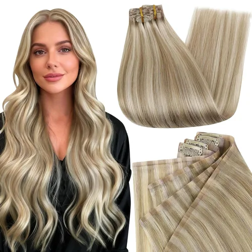 Vista 27 de Full Shine Extensiones de Cabello Rubio con Clip Reflejos Cabello Humano Extensiones con Clip Rubio Ceniza Mezcla Rubio Decolorado PU Extensiones