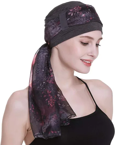 Vista 5 de Elegante gorro de quimioterapia con bufandas sedosas para mujeres con cáncer para pérdida de cabello