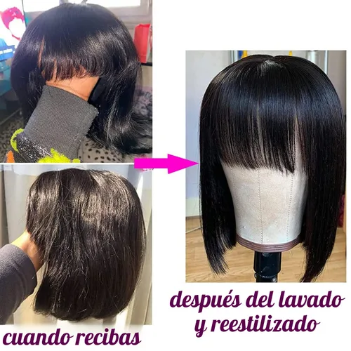 Vista 7 de Rebasar Peluca corta Bob con flequillo pelucas de cabello humano de 8 Negro