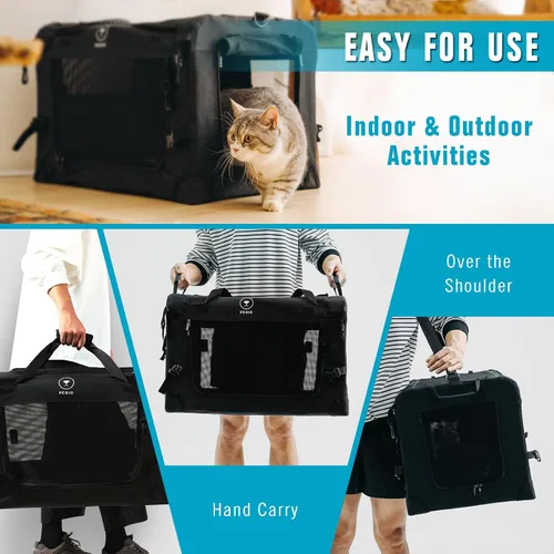 Vista 6 de PEGIC - Transportador extragrande para gatos, color negro Soft Sided Collapsible, For 2 Kittens or Large Cat, Up to 50lbs, Car Travel, Indoor and