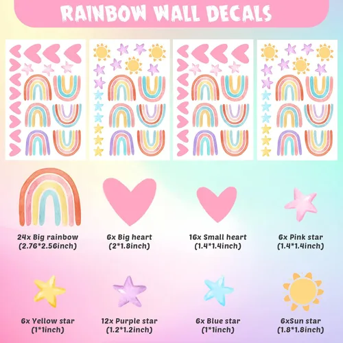 Vista 3 de Epakh Calcomanías de Decoración de Pared de Arcoíris Calcomanía Pequeña de Arcoíris Acuarela Corazón Estrella Sol Calcomanías de Pared Decoración
