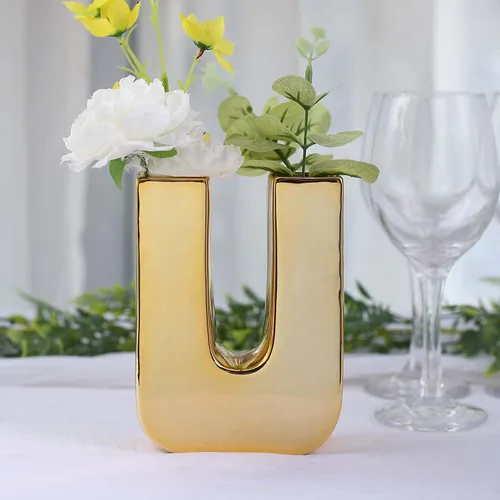 Vista 22 de Efavormart.com Maceta de cerámica chapada en oro brillante de 6" con escultura de letra B, florero para plantas de brotes, pieza central de mesa