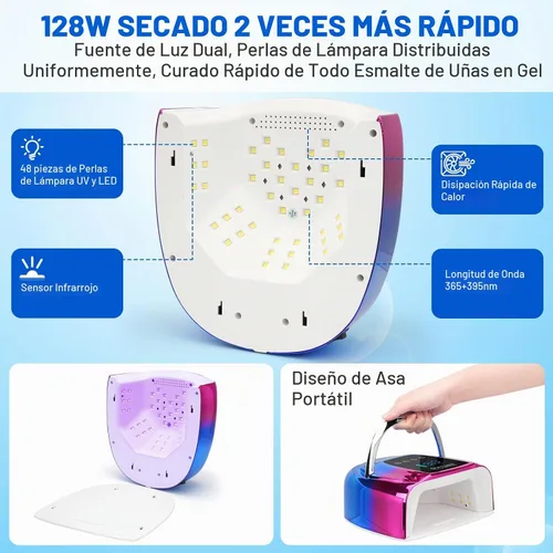 Vista 5 de Lámpara de uñas LED UV, inalámbrica, luz UV recargable portátil de 128 W para uñas de gel, secadora de luz de gel profesional con sensor automático