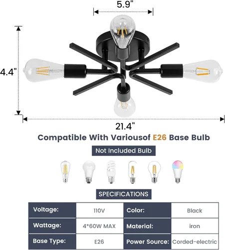 Vista 6 de 4 Luces Estilo Granja Sputnik Accesorios de Iluminación Accesorios de Techo Negro Industrial Lámpara Empotrada de Montaje al Ras Accesorio de Luz