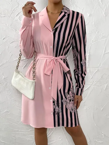 Vista 4 de WDIRARA Minivestido de manga larga con cinturón y rayas florales para mujer