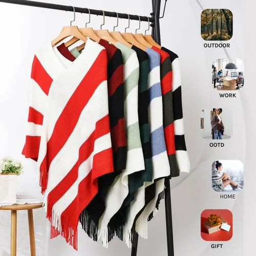 Vista 5 de Suéter tipo poncho a rayas para mujer, estilo casual, chal con flecos versátiles