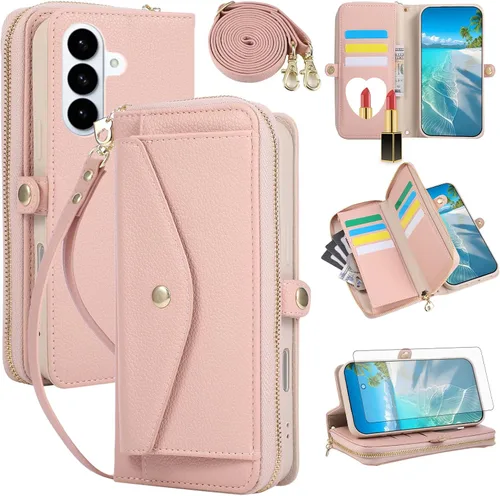 Vista 68 de Asuwish Funda de teléfono para Samsung Galaxy S23 5G con cremallera, funda para celular con protector de pantalla, correa para el hombro, espejo
