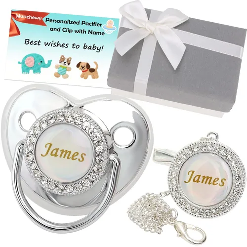 Vista 6 de Chupete personalizado con nombre, juego de clip para chupete dorado brillante con caja de regalo, tarjeta de felicitación, lujoso chupete de cristal