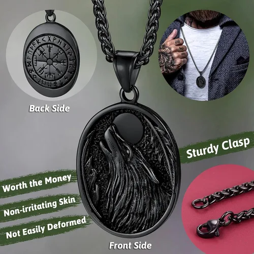 Vista 3 de FaithHeart Collar con colgante de lobo vikingo nórdico para hombres y mujeres, acero inoxidable, chapado en oro de 18 quilates, joyería con embalaje