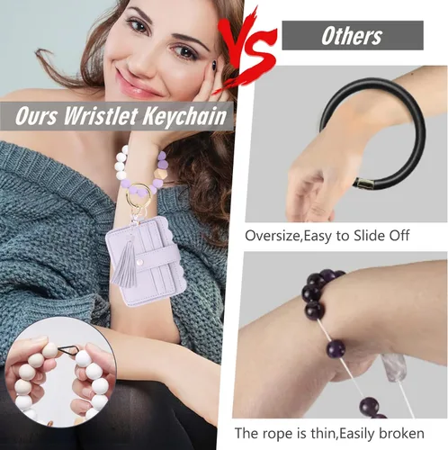 Vista 5 de KNGITRYI Cartera llavero pulsera para mujer, delgado RFID tarjeta de crédito, monedero, borla llavero brazalete para hombres y mujeres, Púrpura