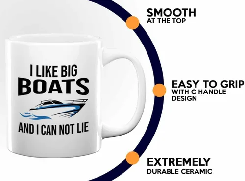 Vista 4 de Taza de café Boat Lover de 11 onzas, color blanco, con texto en inglés "I like Big Boats" (I like Big Boats), para amantes del lago, amante del mar