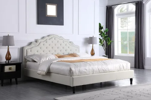 Vista 3 de Base de cama de plataforma tapizada King con cabecera de 51 pulgadas de alto, cama de tela con botones - Soporte de listones de madera con espacio