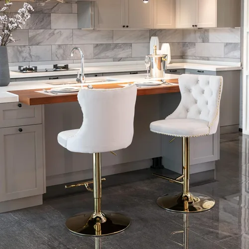 Vista 7 de Taburete de bar giratorio ajustable de altura de mostrador, silla de bar tapizada de terciopelo dorado con base cromada con respaldo acolchonado