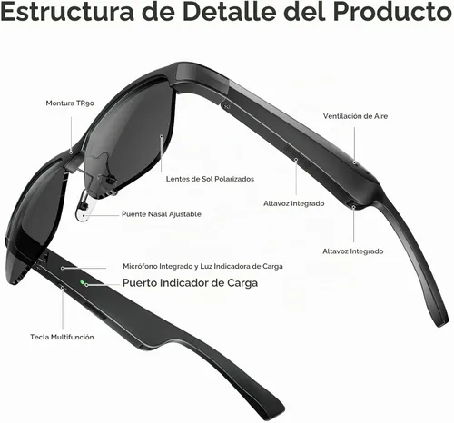 Vista 8 de Lentes inteligentes, lentes de sol polarizados con Bluetooth, micrófono y altavoces integrados, asistente de voz, protección UV, gafas Bluetooth