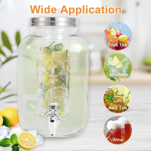Vista 8 de Dispensadores de bebidas de vidrio de 1 galón para fiestas, juego de 2, dispensador de bebidas con infusor y soporte de frutas, dispensador de jugo