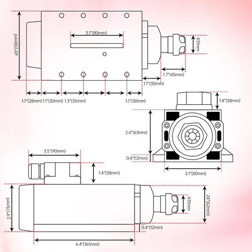 Vista 5 de CNCTOPBAOS Motor de husillo de enrutador CNC de 2200 W 220 V, cuadrado 2.2KW motor de husillo refrigerado por aire ER20 400Hz 24000rpm 4 rodamientos