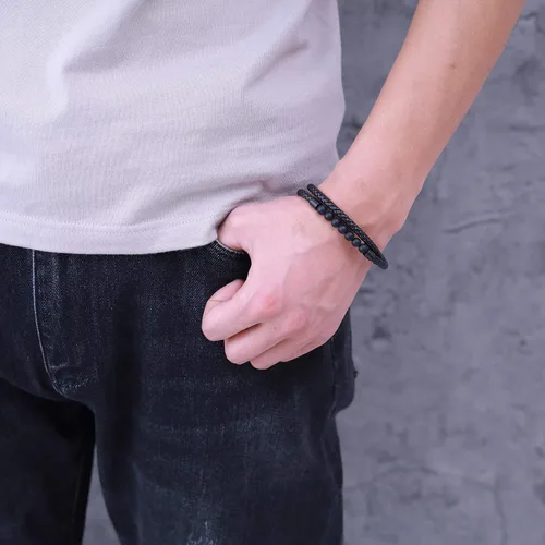 Vista 3 de COAI Pulsera de cuero con cuentas de piedra de doble capa