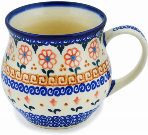 Vista 2 de Auténtica taza de burbujas de cerámica polaca de 13 onzas en diseño amarillo hecho a mano en Bolesławiec Polonia por Ceramika Bona + certificado