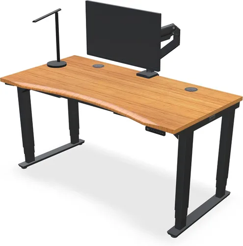 Vista 2 de UPLIFT DESK Bamboo Curve - Escritorio eléctrico de pie V2 (60 x 30 pulgadas), escritorio de pie ajustable de 4 patas, teclado avanzado, ojales