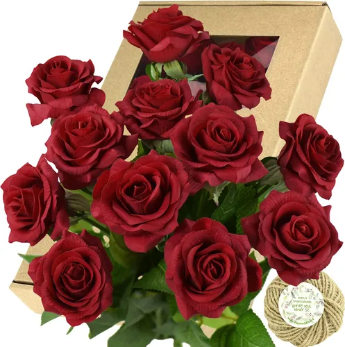 Vista 8 de FiveSeasonStuff 12 tallos de flores artificiales azul hielo, rosas de seda de tacto real para decoración de boda, en caja de regalo Azul helado