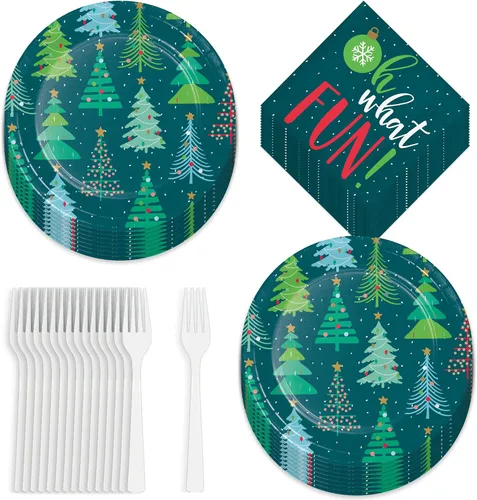 Vista 6 de HOME & HOOPLA Platos y servilletas de papel grandes para fiesta de Navidad, diseño calmado y brillante en verde y dorado moderno (para 16 personas)