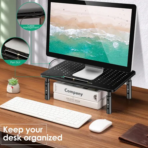 Vista 4 de La Jaco Elevadores de monitor para 2 monitores, soporte de monitor ajustable de 3 alturas con soporte para bolígrafo, elevador de monitor doble