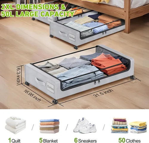 Vista 2 de Almacenamiento debajo de la cama con ruedas, paquete de 4 contenedores de almacenamiento debajo de la cama con tapas y cremalleras transparentes