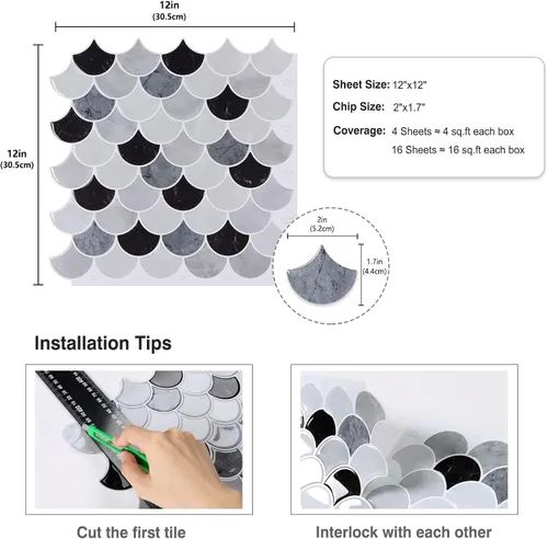 Vista 2 de CRE8TIVE 4 hojas de azulejos adhesivos para salpicaduras de cocina, azulejos adhesivos para salpicaduras en muro de 12 x 12 pulgadas, azulejos