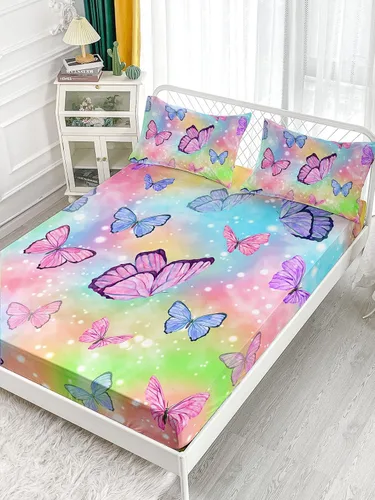 Vista 3 de Datura home - Juego de sábanas bajeras y sábanas encimeras, 4 piezas, colorido juego de ropa de cama con estampado de mariposas arcoíris con 1