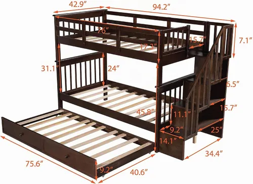 Vista 2 de Harper & Bright Designs Litera Individual sobre Individual con Escaleras y Cama Nido, Marco de Litera de Escalera de Madera Maciza con Espresso